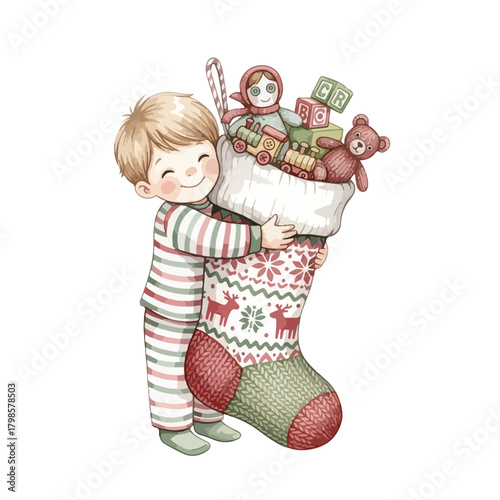 A cheerful young boy in Christmas pajamas hugging a large, festively decorated Christmas stocking filled with toys and cookies on a clean white background.