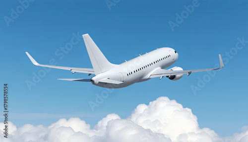 Fotografie White airplane flying against a blue sky above the clouds