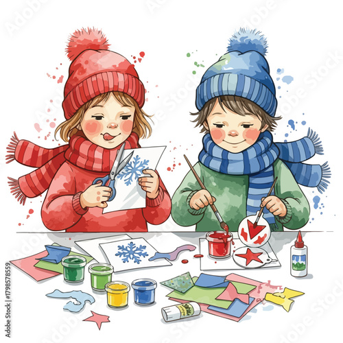 Two children in winter hats and scarves painting Christmas cookies and decorations on a colorful table with art supplies against a white background with a festive mood.