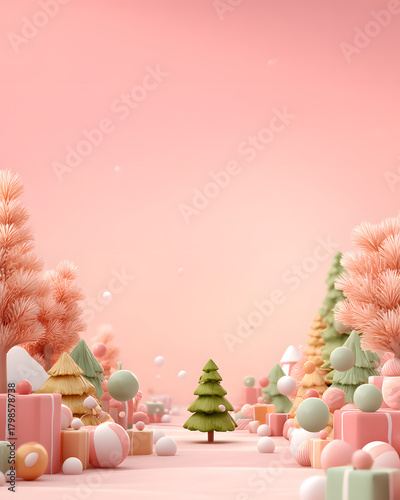 Soft Pastel Christmas Background with Whimsical Trees and Decorative Elements in a Dreamy Setting