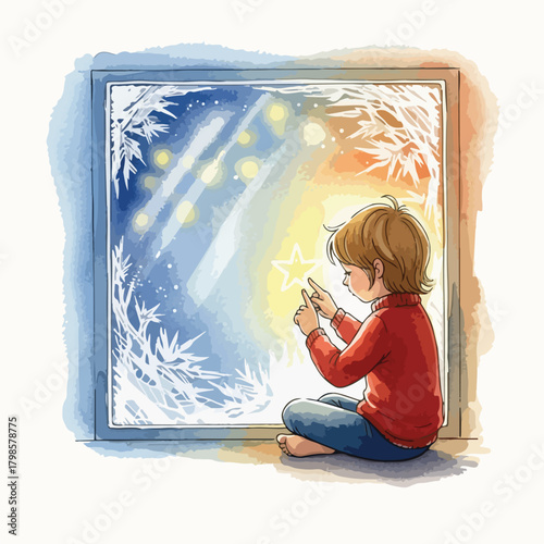A young child in a red shirt sits on the floor, looking through a frosty window at a starry night with Christmas cookies on the windowsill, in a warm and cozy indoor scene.