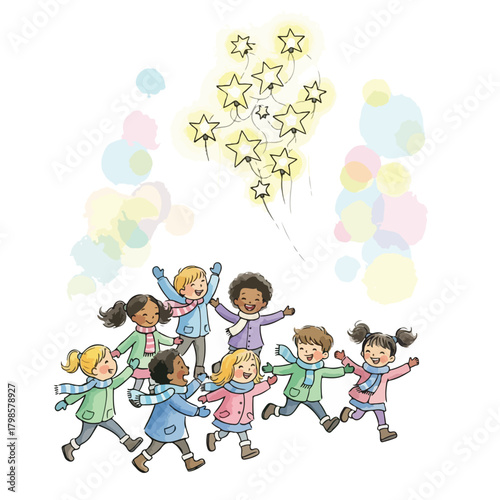 A group of happy children celebrating Christmas with cookies and festive foods, surrounded by colorful balloons and star-shaped decorations.