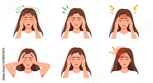 Woman suffering from headache, migraine, dizziness, and stress, isolated on