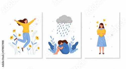 Three panels showing emotional states joy, sadness, and love, isolated on