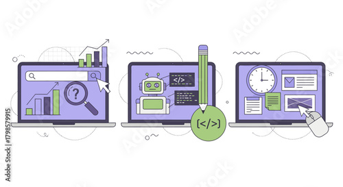 Illustration of three laptops displaying web development concepts like search engine optimization, ai chatbot, and website analytics