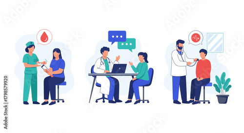 Medical consultation and vaccination scenes with doctors and patients