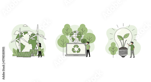 Ecofriendly concept with people interacting with nature, recycling, and sustainable energy solutions isolated on