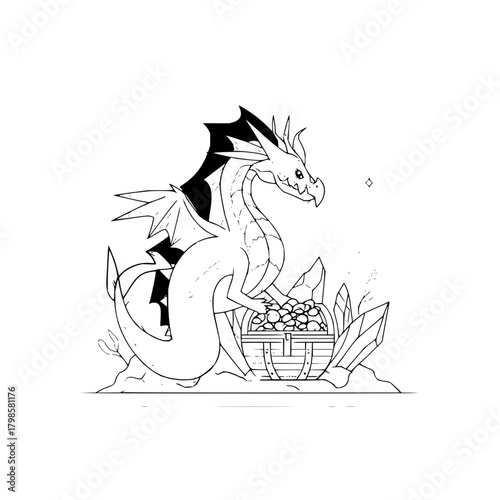 A majestic dragon guarding a treasure chest filled with gold coins and precious gems in black and white style