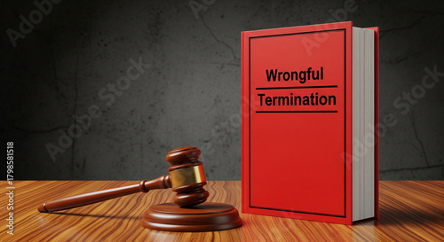 A gavel rests beside a law book labeled wrongful termination, representing legal concepts