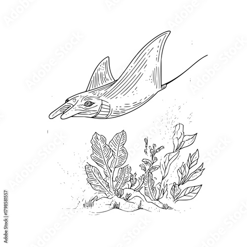 Illustration of a ray swimming above aquatic plants with detailed line work and shading techniques used