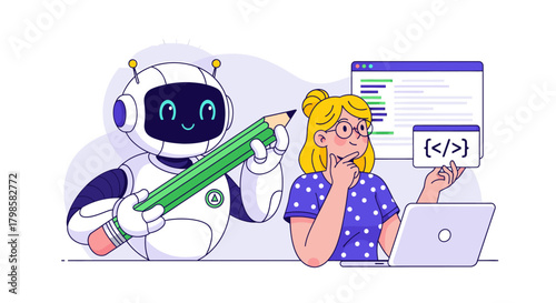 Robot and woman collaborating on coding project, ai assistance in software development