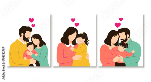 Happy family with parents and child embracing, isolated on