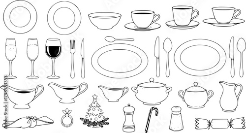 Detailed line art vector collection of dining essentials and Christmas table settings. Includes plates, cups, cutlery, serving dishes, glasses, and festive decorations for holiday meals.