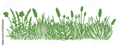 Grass represented as a linear icon, including a doodle outline design of a meadow and flowers, a bush tuft, a small lawn, and a green sketch plant isolated on a white background.