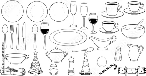 Black and white line art vector illustration of Christmas and holiday dining essentials. Includes dinnerware, glassware, cutlery, serving dishes, and festive decorations like trees