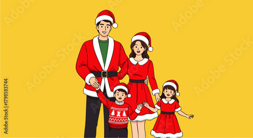 Flat vector illustration of a happy family wearing party dresses and Santa hats posing cheerfully on a bright background, ideal for Christmas marketing, holiday invitations, or seasonal promotions.