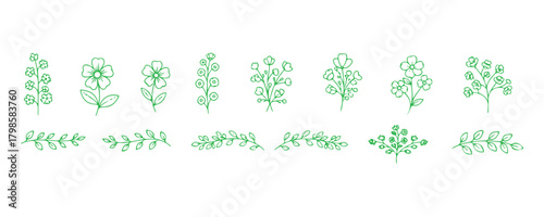 Grass in a linear icon style, featuring a doodle outline of a meadow and flowers, a tuft of bushes, a small lawn, and a green sketch plant on a white background. Hand-drawn border