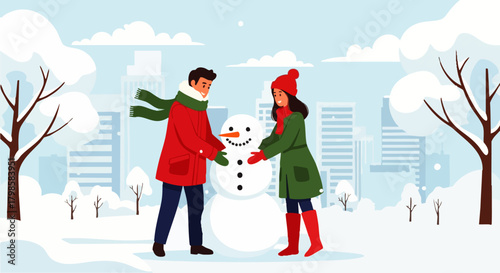 Flat vector illustration of a romantic couple making a snowman in a snowy park, representing love and winter fun.