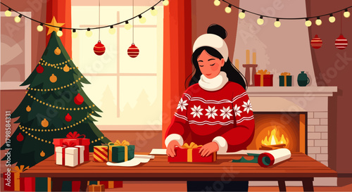 Flat vector illustration of woman wearing Christmas sweater wrapping Christmas presents on table with ribbon and paper, festive holiday preparation scene