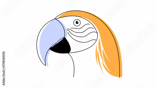 Illustration of a macaw parrot head with orange feathers and a blue beak on a white background on transparent background silhouette
