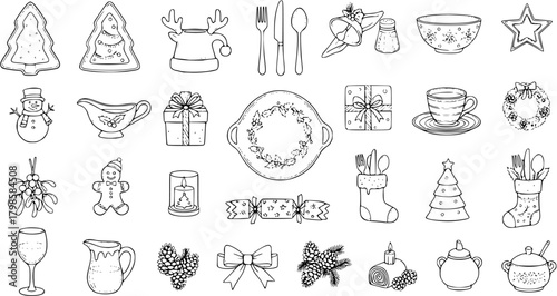 Hand-Drawn Christmas and Winter Holiday Doodle Set with Food, Tableware, Decorations, and Gifts - Outline Sketch Icons for Festive Season Design