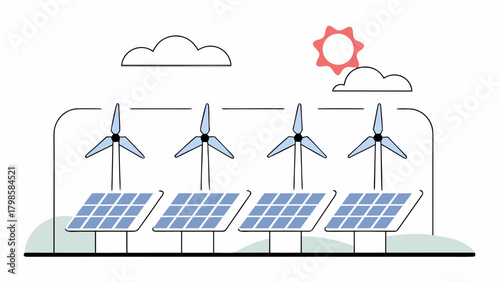 Illustration of renewable energy sources showcasing wind turbines and solar panels under the sun and clouds on transparent background silhouette