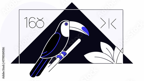 Stylized toucan perched on a branch with geometric shapes and symbols in the background design on transparent background silhouette