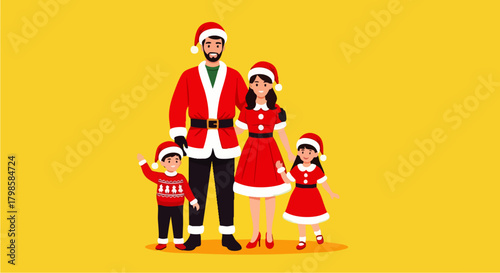 Flat vector illustration of a happy family wearing party dresses and Santa hats posing cheerfully on a bright background, ideal for Christmas marketing, holiday invitations, or seasonal promotions.