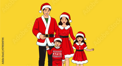 Flat vector illustration of a happy family wearing party dresses and Santa hats posing cheerfully on a bright background, ideal for Christmas marketing, holiday invitations, or seasonal promotions.