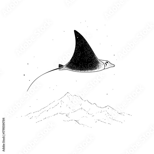 Stylized illustration of a manta ray flying above a mountain range in black and white drawing style