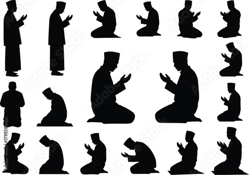 Collection of islamic prayer silhouettes showing men in various prayer positions in black and white