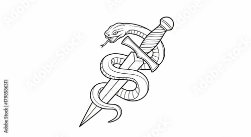 Line art illustration of a stylized snake coiling around a medieval dagger design