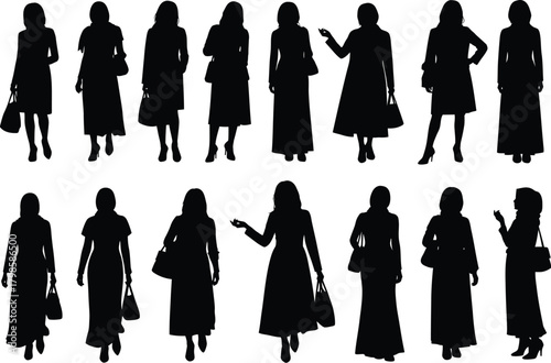 Collection of diverse female silhouettes in elegant dresses and fashionable attire with handbags standing in a row