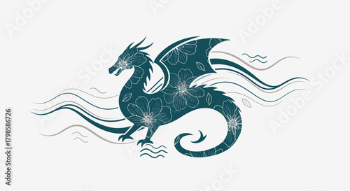 Stylized dragon illustration with decorative floral elements and flowing lines