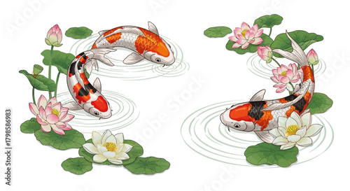 Elegant koi fish and lotus flowers watercolor illustration creates a serene zen garden experience