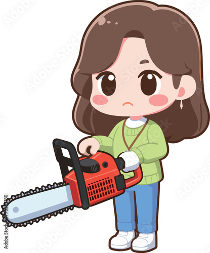 チェーンソーを持つ女性のイラスト