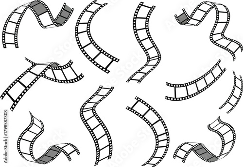 Collection of hand drawn film strip elements in various curved and wavy shapes against a white background
