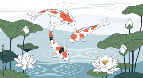 Elegant koi fish and lotus blossoms in a serene pond illustration style drawing