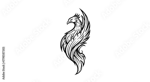 Stylized avian emblem showcasing an intricately illustrated bird with flowing plumage