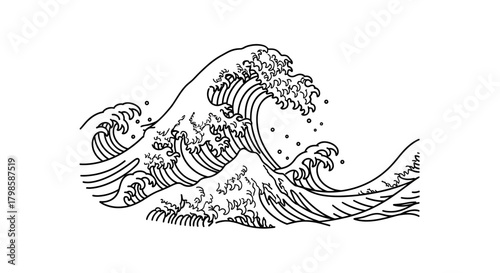 Dynamic black and white sketch of ocean waves illustrating power and movement