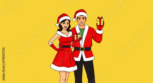 Flat vector illustration of a happy couple wearing party dresses and Santa hats posing cheerfully on a bright background, ideal for Christmas marketing, holiday invitations, or seasonal promotions