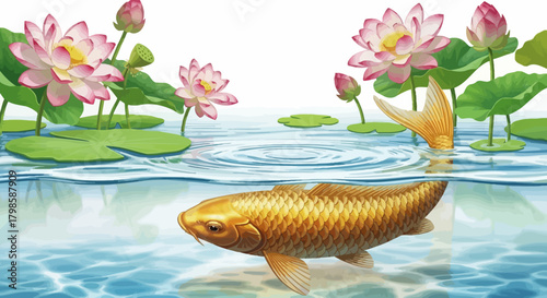 Golden carp swimming in a pond surrounded by pink lotus flowers and vibrant greenery