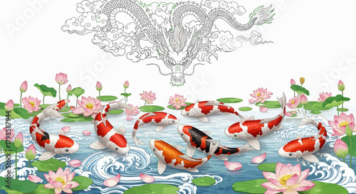 Koi fish gliding gracefully among lotus flowers with a serene dragon illustration above creates