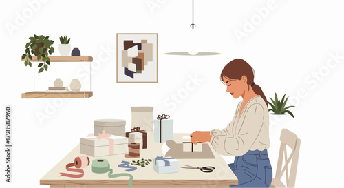 Vector illustration of a woman wrapping gifts at a tidy work desk, perfect for celebration, hobby, craft or home lifestyle themes.