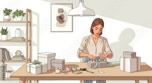 Vector illustration of a woman wrapping gifts at a tidy work desk, perfect for celebration, hobby, craft or home lifestyle themes.