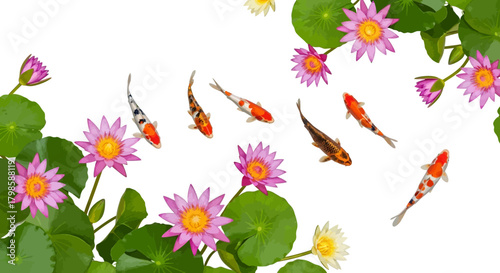 Serene harmony of koi fish gracefully swimming amidst vibrant water lilies in a tranquil pond