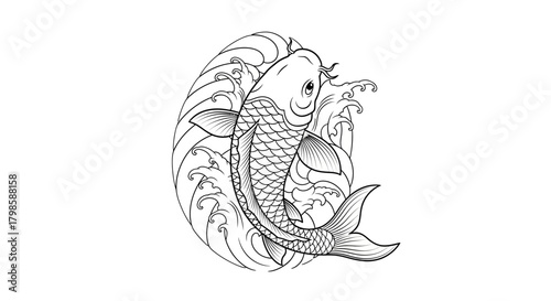 Elegant koi fish illustration swimming among stylized water waves artistic depiction