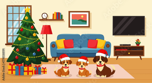 Flat vector illustration of adorable pet in Santa hat sitting next to Christmas tree with wrapped presents, cheerful holiday pet theme