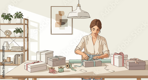 Vector illustration of a woman wrapping gifts at a tidy work desk, perfect for celebration, hobby, craft or home lifestyle themes.