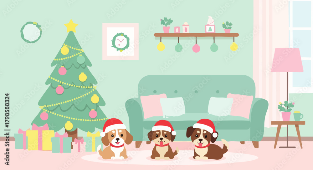 Fototapeta premium Flat vector illustration of adorable pet in Santa hat sitting next to Christmas tree with wrapped presents, cheerful holiday pet theme